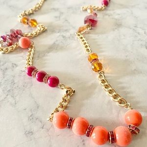 Orange and Ruby Red Beaded Gold Necklace